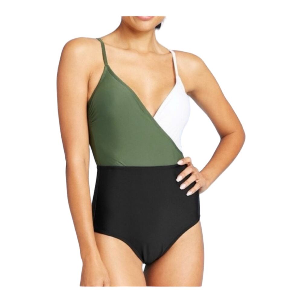 Kona Sol One Piece Swimsuit Sz Medium Green Black White Colorblock Wrap